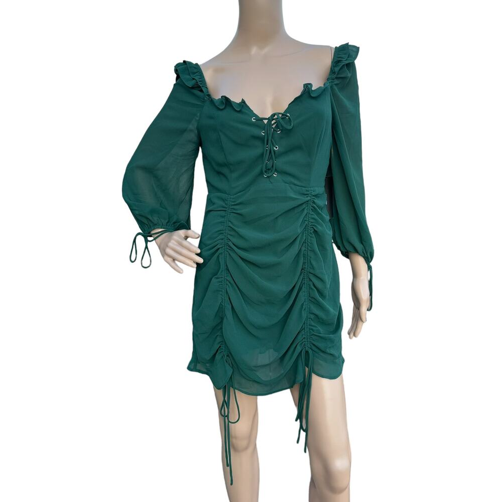 Lulus NWT Green Queen Anne Neck Ruched Ruffle Mini Dress M - Picture 2 of 8